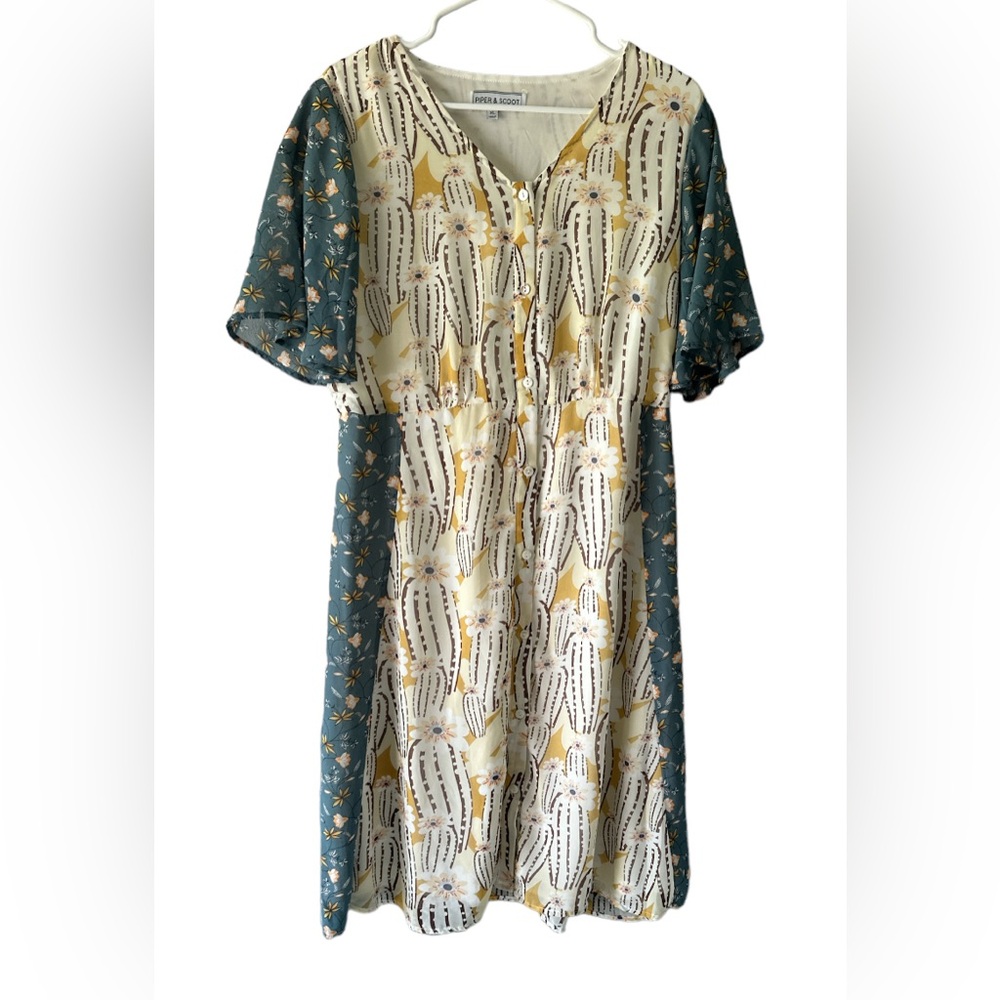 Apricot & Teal Floral Mixed-Print Women’s Dress
